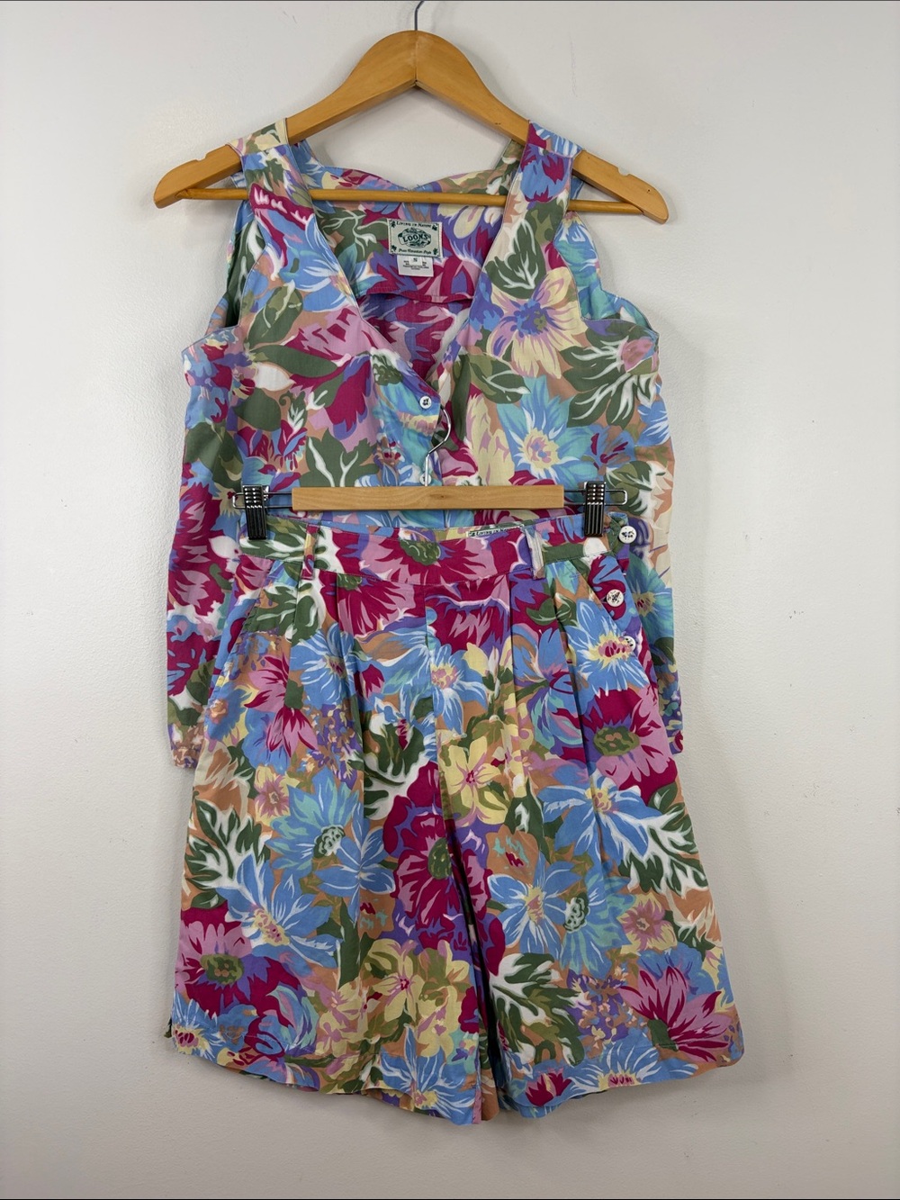 Vintage Shorts Top Set Womens Small Pink Blue Floral Cotton Two Piece Coord Set